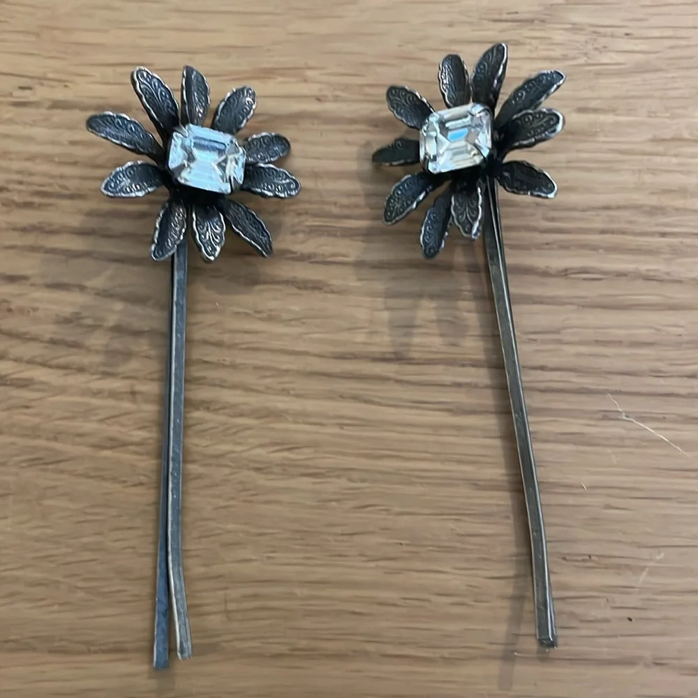 Set Of 2 Metal Barrettes W/ Crystal Stones Length- 3 1/4” Weddings,Parties Dais